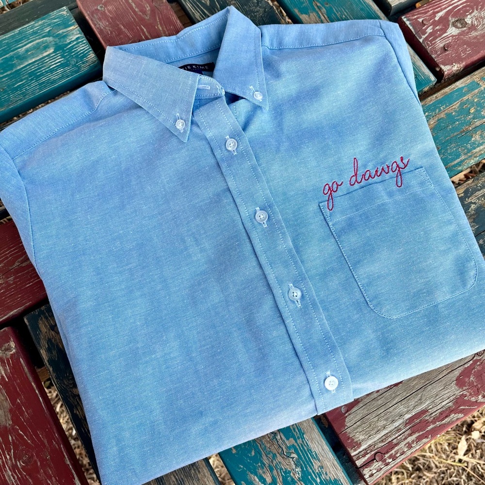 Katie Kime Blue Button-Down Shirt with Georgia Bulldogs “go dawgs”Red Embroidery
